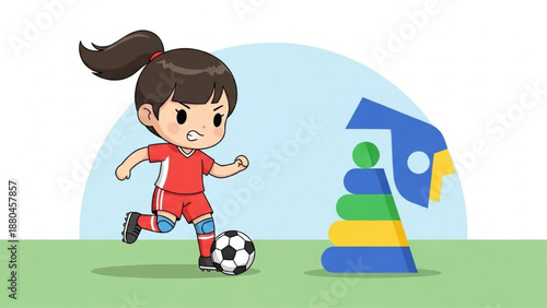 Little girl dribbling ball past cone