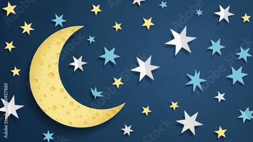 Yellow crescent moon and paper cut stars on a dark blue night sky whimsical celestial illustration for childrens themes and decor