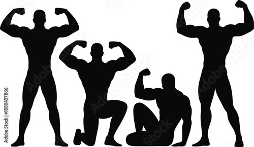 Bodybuilder silhouette collection showing muscular male athletes flexing biceps, bodybuilding poses, strength training concept, fitness motivation, black vector figures isolated on white