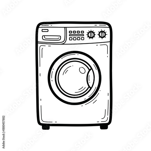 Doodle Outline Vector of Front Loading Washing Machine. Hand Drawn Sketch of Modern Laundry Appliance Icon.