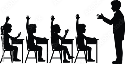 Classroom students raising hands with teacher silhouette, education learning concept illustration, minimalist black school scene isolated on white background vector