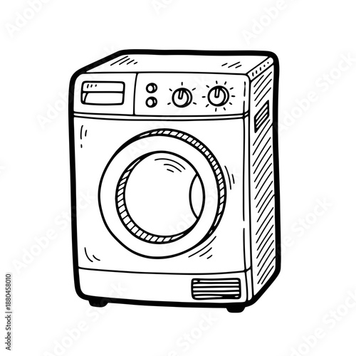 Hand-Drawn Washing Machine Sketch Doodle. Black and White Line Art Icon of Household Laundry Appliance.