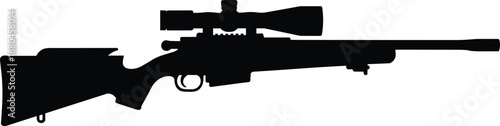 Sniper rifle silhouette with scope side view, tactical firearm weapon icon isolated on white background black minimal vector illustration
