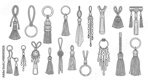 Detailed set of hand drawn sketches for decorative tassels keychains and unique zipper pulls with intricate patterns beadwork and ornate designs.
