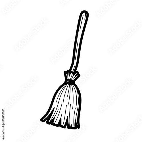 Cartoon Black Outline Witch Broomstick Sketch Icon. Hand Drawn Doodle Vector Illustration for Halloween, Magic, and Cleaning.