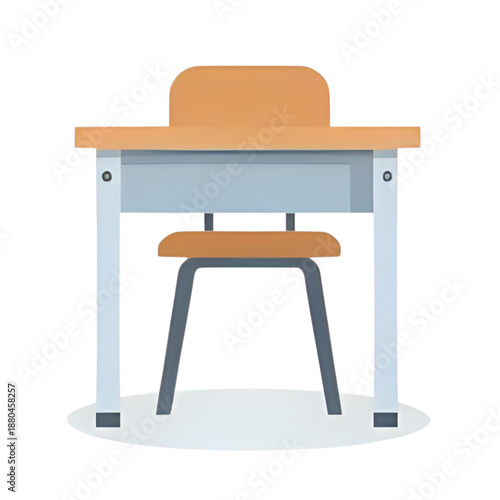 A student's desk and chair viewed from the front in a classroom setting with a simple design and neutral colors