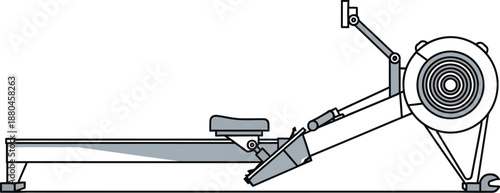 Side profile illustration of a modern rowing machine featuring a seat rail and a large flywheel mechanism for intense cardiovascular workouts