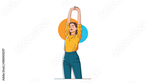 Artistic illustration of a relaxed woman stretching her arms above her head signaling wellness morning routine or mindful awakening