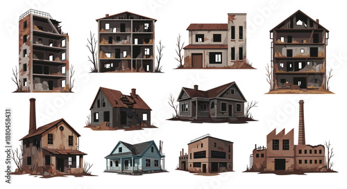 Collection of dilapidated and ruined buildings including abandoned houses apartment blocks and factories showing significant signs of decay and damage.