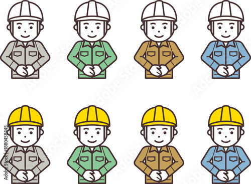 手を前で重ねるヘルメットと作業服を着用した男性のアイコン