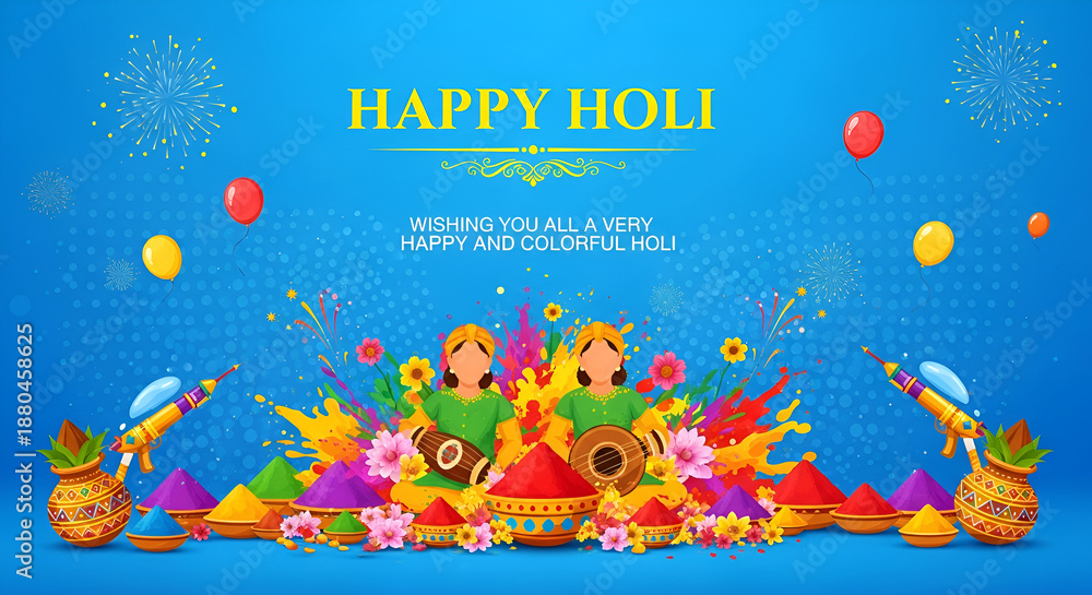 Fototapeta premium Happy Holi Festival Background with Colorful Powder Splashes and Traditional Gulal Bowls, Indian Festival of Colors Celebration Vector Illustration