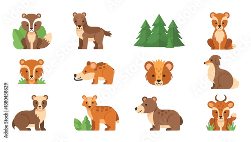 Adorable collection of various cute cartoon woodland forest animals including bears weasels martens and deer icons set