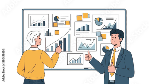 Business colleagues enthusiastically presenting positive financial growth statistics and charting upward trends on a whiteboard during a collaborative planning session