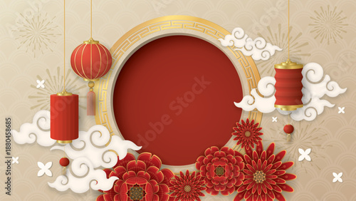 Blank 3D red circle frame and golden striped with clouds, flowers and paper lanterns Chinese style on beige background.