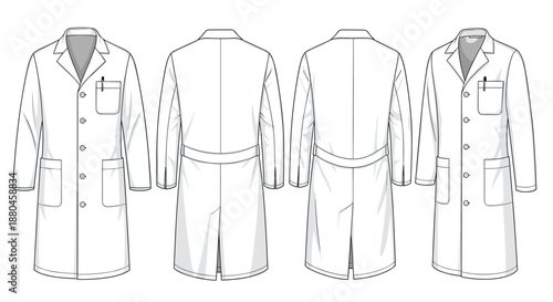 Technical drawing templates of a professional white lab coat from front back and side views showing various pocket and button detail placements.
