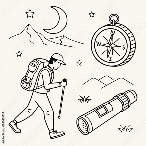 A cartoon vector illustration of a man and child using a map and compass for a fun sport drawing featuring a business stick figure character