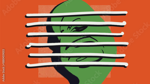 Conceptual illustration of angry green face silhouette hidden behind horizontal blinds expressing frustration