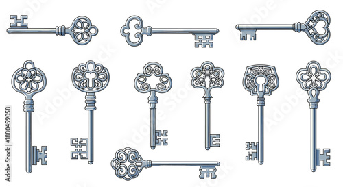 Collection of various ornate vintage style skeleton keys featuring intricate decorative bows and different bit designs in a metallic silver finish.