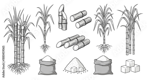 Monochromatic hand drawn sketches of sugarcane plants roots cane stalks bags of sugar and sugar cubes in a traditional vintage botanical style.