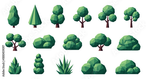 Set of low poly 3d geometric tree and bush models in various shades of green perfect for minimalist environmental design and game backgrounds.