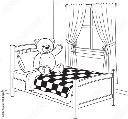 Teddy bear on bed line art illustration Vector