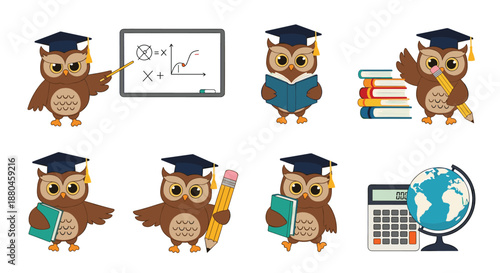 Set of cute cartoon owls dressed as scholars and teachers wearing graduation caps with books pencils a globe and other educational equipment.
