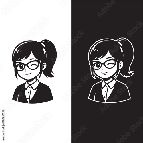 Charming monochrome cartoon illustration of a winking young professional woman wearing stylish glasses, perfect for avatars and business branding