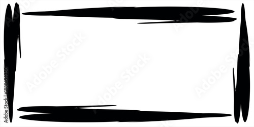Abstract black brush frame with hand-drawn ink strokes isolated on white background for creative layouts