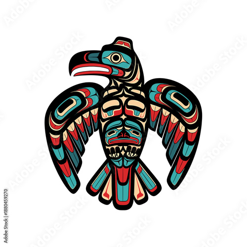 Stylized illustration of a Native American totem eagle with vibrant colors and intricate details.