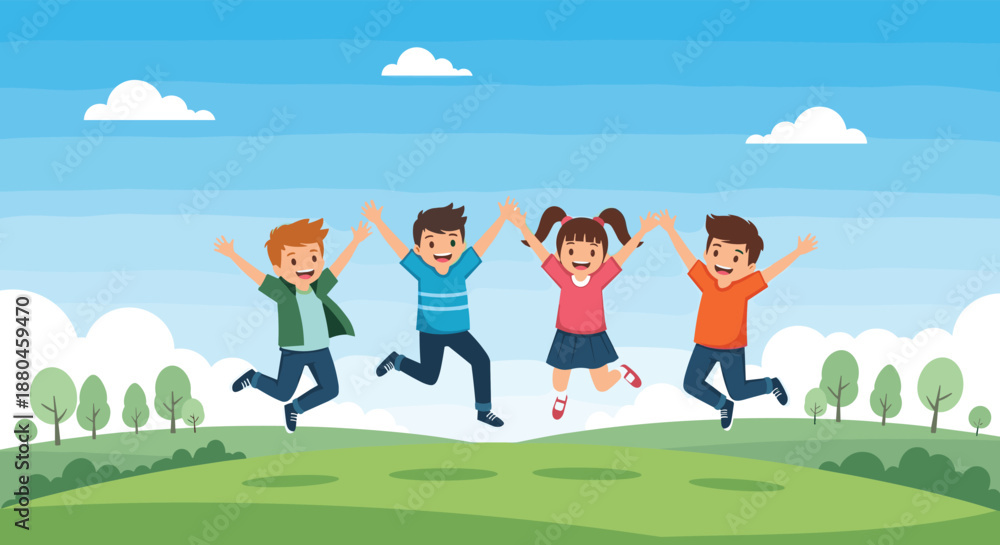 Fototapeta premium Group of cheerful young children jumping for joy on a lush green hilltop against a bright blue sky with fluffy white clouds.
