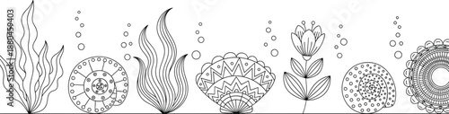 Hand drawn underwater doodle vector border with sea plants, shells, bubbles, and ocean decorative elements illustration