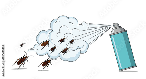 Illustration of a pesticide spray can releasing a cloud of insecticide to eliminate several cockroaches scurrying across a white surface area.