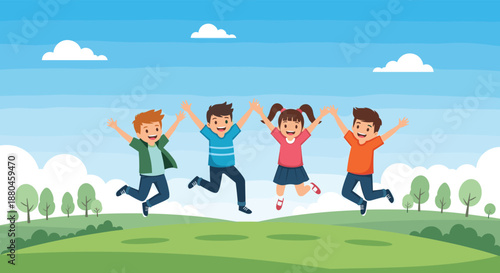 Group of cheerful young children jumping for joy on a lush green hilltop against a bright blue sky with fluffy white clouds.