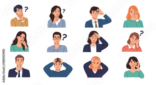 Grid of diverse people displaying confused or thoughtful expressions with floating question marks while touching their heads or faces in doubt.