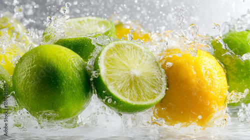 Whole and halved green limes and yellow lemons splashing in clear water with droplets flying everywhere.