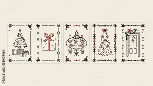 Christmas card set with hand drawn holiday elements including trees gifts and table decor