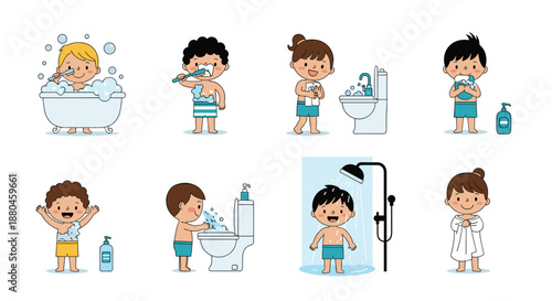 Educational illustration set showing young children practicing daily personal hygiene routines like bathing brushing teeth and washing hands.