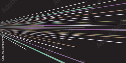 Multicolor abstract light lines streaming diagonally on black background creating fast motion and futuristic depth