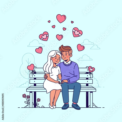 Couple Sitting Together on Bench Illustration.