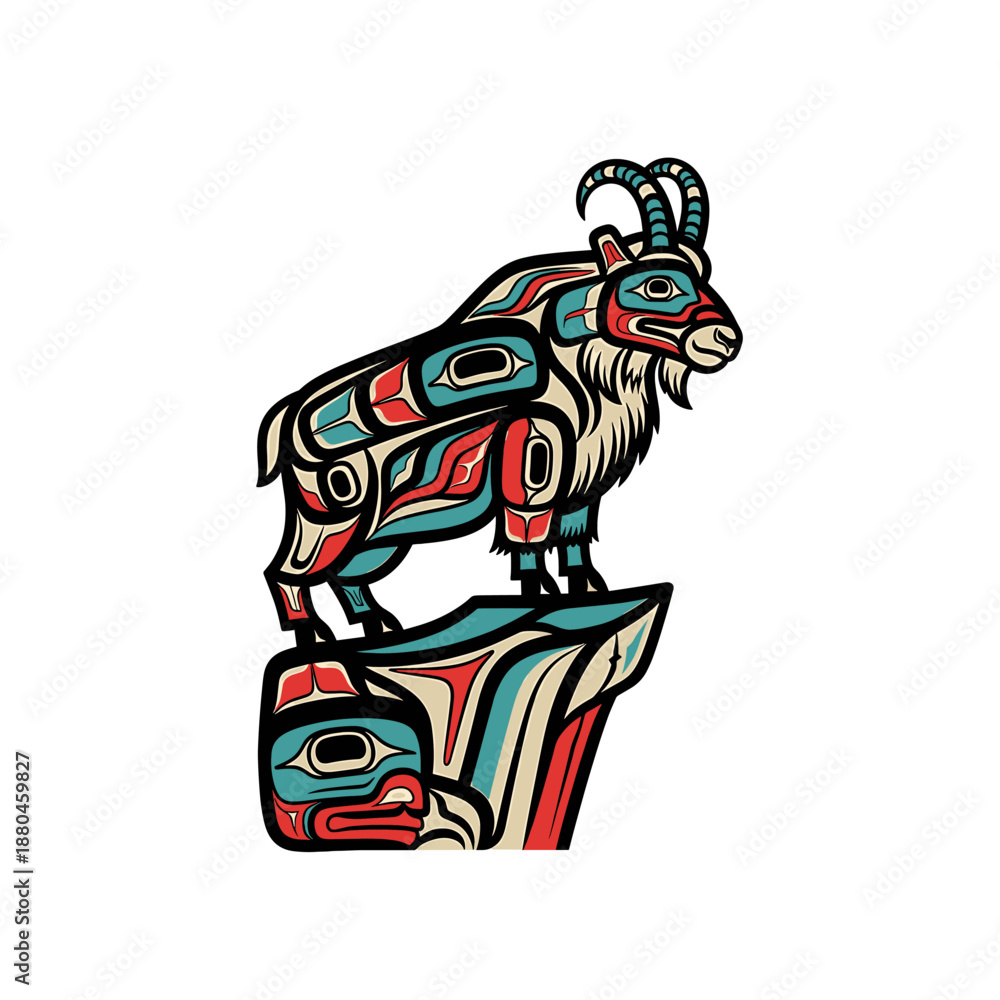 Fototapeta premium Mountain goat illustration in a Northwest Coast art style, standing atop a stylized rock formation.