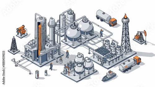Industrial Oil Refinery Plant Complex with Equipment and Vehicles.