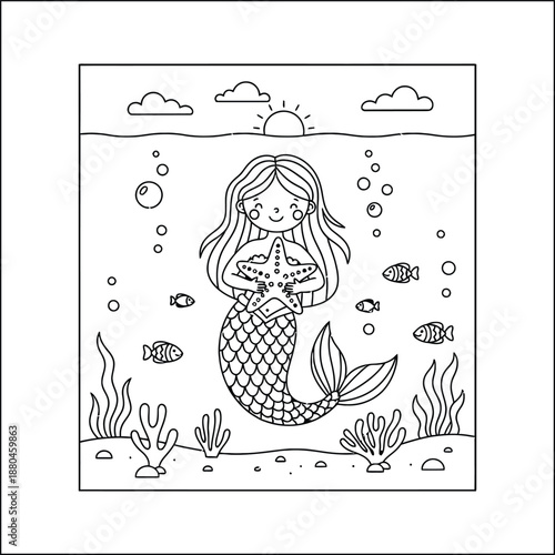 mermaid coloring page line art vector	