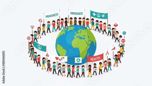 Diverse people walking around the earth with awareness and health banners promoting kindness and wellness globally