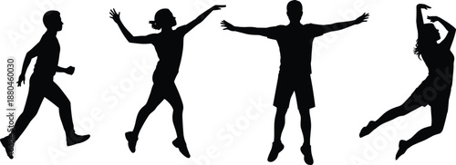 Black silhouettes of four diverse happy people dancing and celebrating joyfully together in expressive poses isolated on a white background