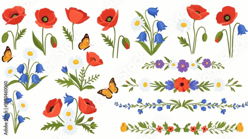 Collection of Wildflowers and Butterflies.