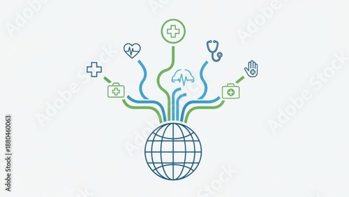 Global healthcare network concept with medical symbols and globe representing international health connections and technology