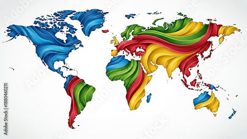 Vibrant multicolor world map with swirling colors on white background