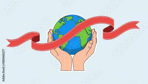 Hands holding a globe with a red ribbon wrapped around it symbolizing environmental conservation and protection