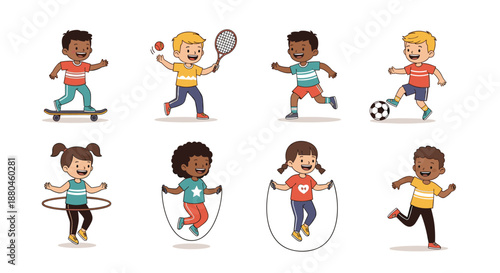 Diverse children playing various sports like soccer tennis skateboarding and skipping for health and activity themes.