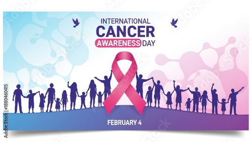 International cancer awareness day poster with pink ribbon and diverse silhouettes on february 4th